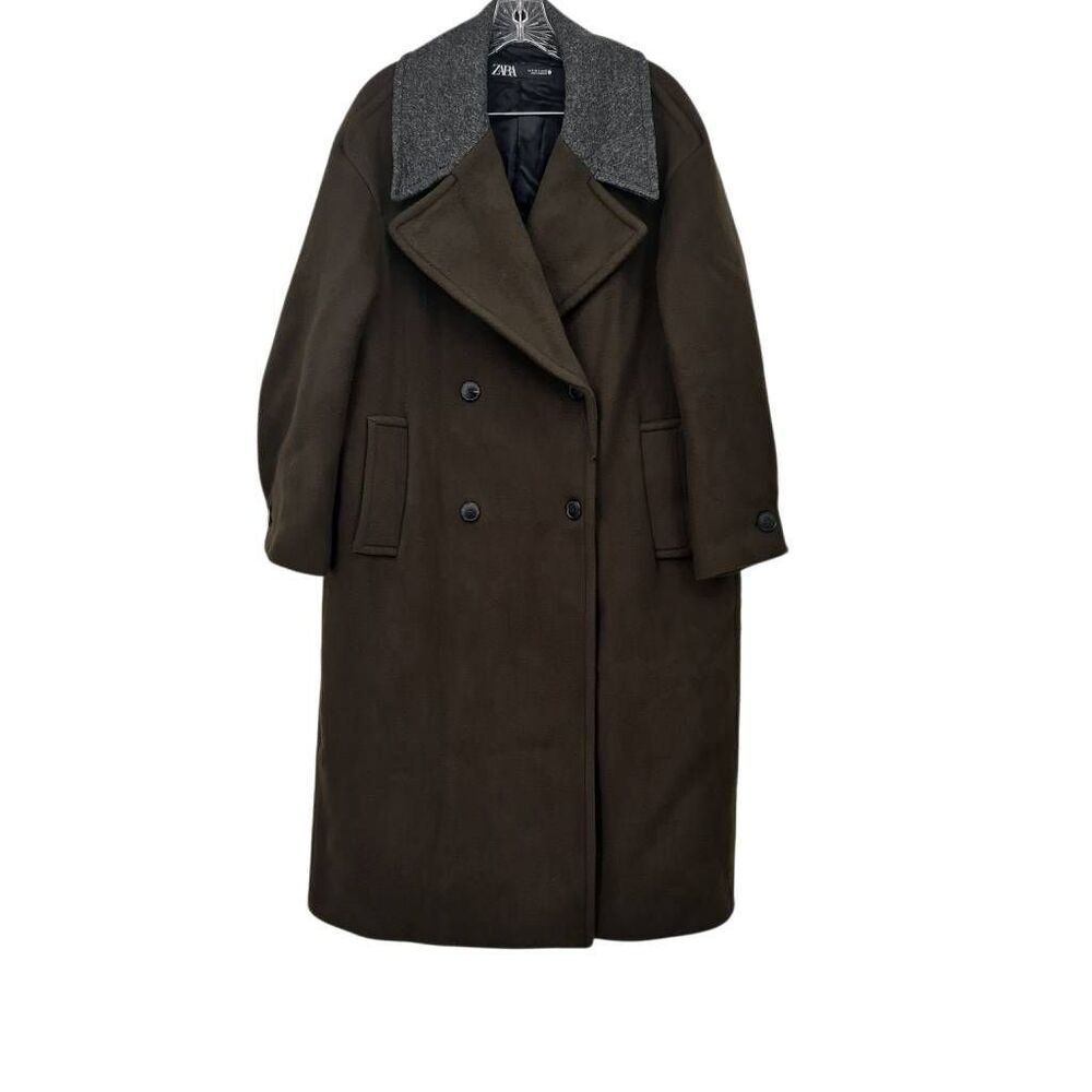Zara Monteco Wool Double-Breasted Coat Olive Green Size S